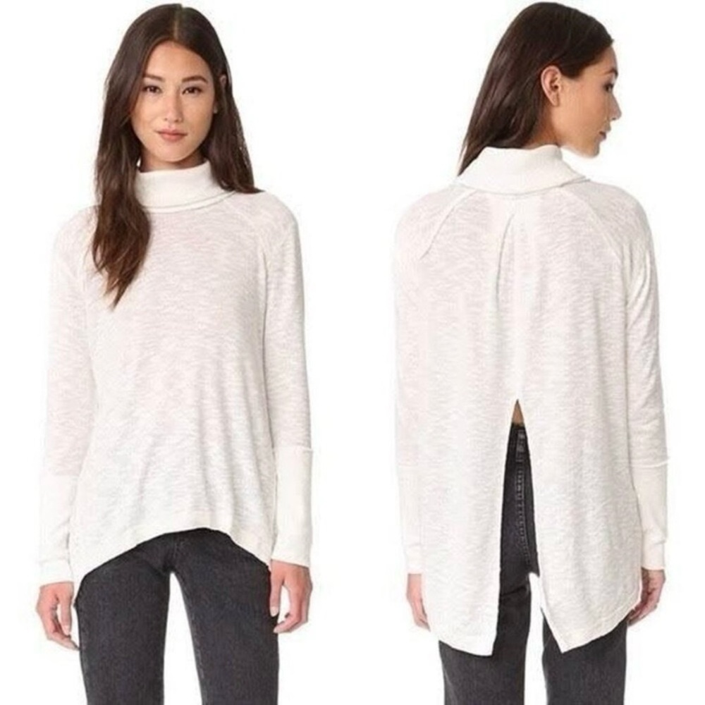 Free People Tara Split Back Turtleneck Top Size Large Ivory Slub Knit‎ - Picture 2 of 14